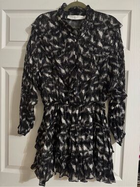 IRO Paris Metallic Ruffle Mini Dress Black Silver Gold Size 6